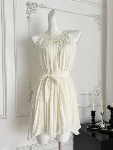 Lace Neckline & Belt White Pleated Dress