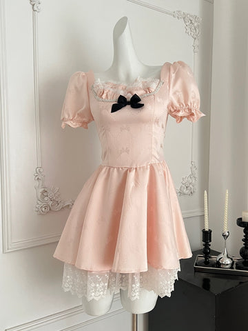 Puff Sleeves Black Bow Pink Short Dress