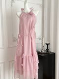 Delicate Flower Pink Halter Maxi Dress