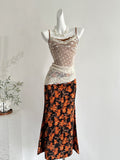 Floral Print Midi Skirt Sheer Lace Cami Top Set