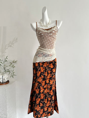 Floral Print Midi Skirt Sheer Lace Cami Top Set