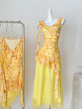 Yellow Floral Print Asymmetric Ruffled Dress