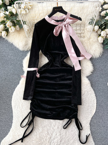 Playful Pink Ribbons Black Velvet Mini Dress