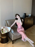 Spice lace stitching gauze printed suspender dress