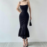 Black Spaghetti Strap Asymmetrical Ruffle Dress