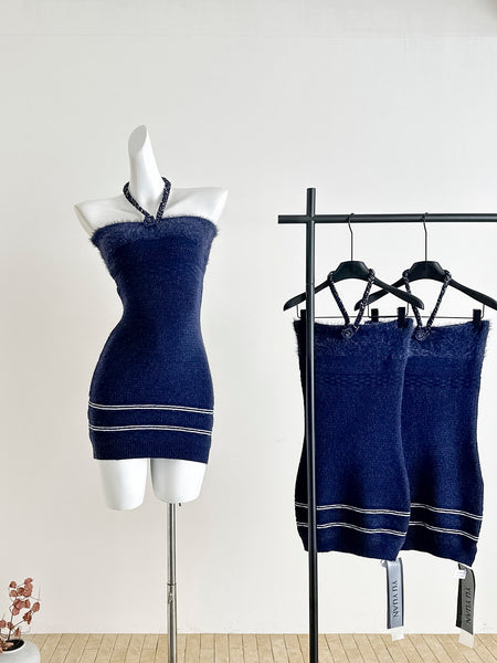 Navy Blue Fuzzy Knit Halter Neck Mini Dress