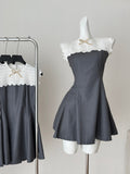 White Crochet Yoke Stylish Grey Dress