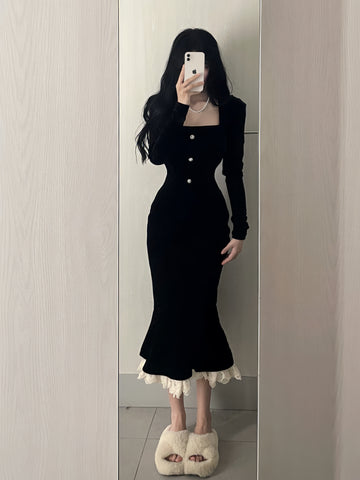Pearl Button Lace Hem Black Midi Dress