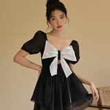 One Piece Conservative Bow Ins Style Swimsuit Vacation Dress