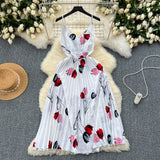 Radiant Red Pleated Floral Accents Midi Dress