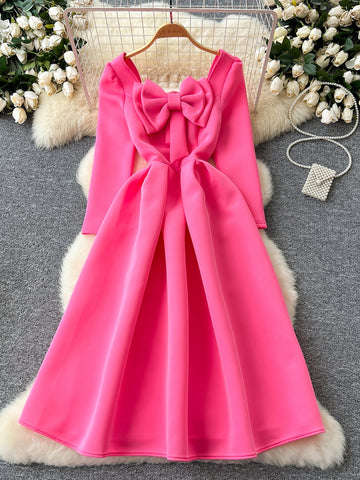 Statement Bow Flared Skirt Pink Long-Sleeve Dress