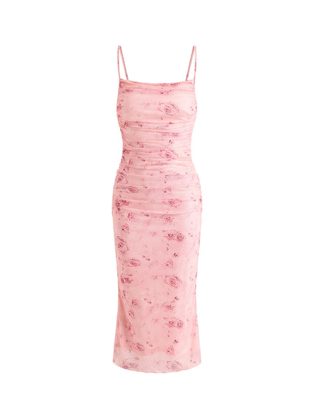 Soft Blush Rose Print Ruched Dress