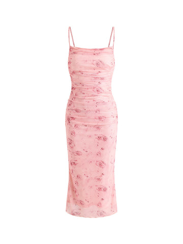 Soft Blush Rose Print Ruched Dress