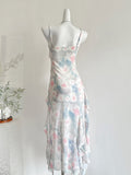 Ruffles Watercolor Print Spaghetti Strap Midi Dress