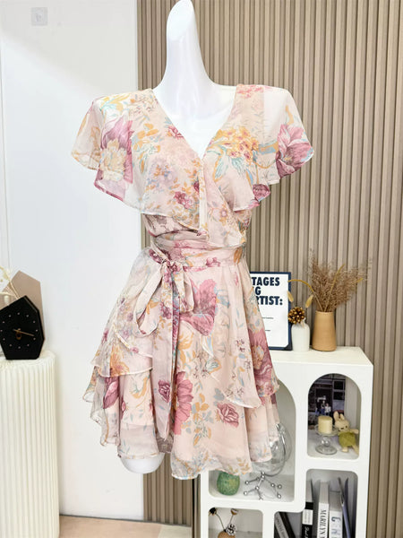 Ruffles V Neck Floral Print Short Mini Dress