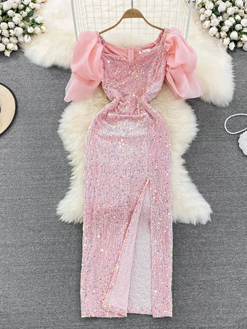 Elegant Pink Sequin Evening Gown with Puff Sleeves