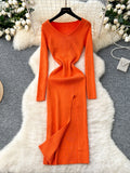 Flattering V-Neck Slit Vibrant Orange Knit Dress