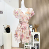 Ruffles V Neck Floral Print Short Mini Dress
