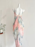 Beaded Waist Floral Print Spaghetti Strap Maxi Dress