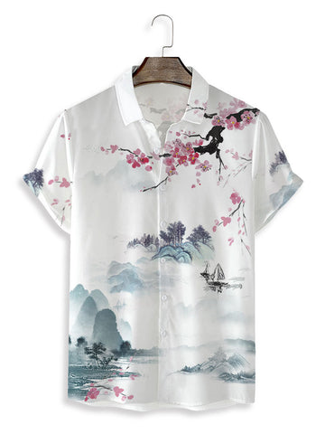 Landscape Print Short Sleeve Lapel Shirt