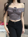 Rose Gray Off Shoulder Ruched Crop Top