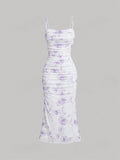 Delicate Ruched Spaghetti Strap Print Bodycon Dress