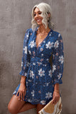 Ruffled Neckline Long Sleeves Floral Dress