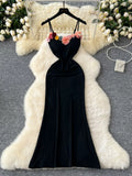Floral Embellishments Spaghetti Straps Black Evening Dress