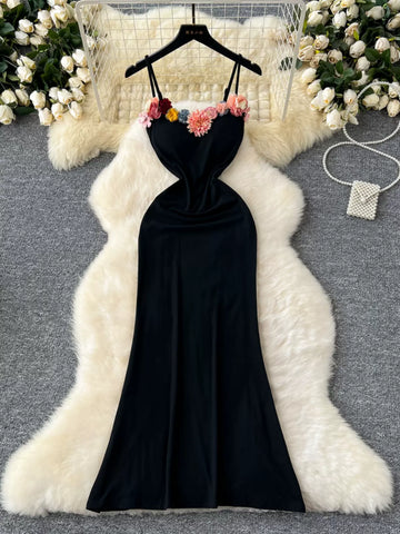 Floral Embellishments Spaghetti Straps Black Evening Dress