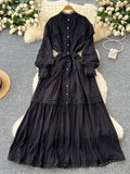 Tie Wais Button Blue Lace Maxi Dress