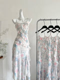 Ruffles Watercolor Print Spaghetti Strap Midi Dress