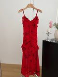Black Floral Print Ruffle Red Maxi Dress