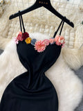 Floral Embellishments Spaghetti Straps Black Evening Dress