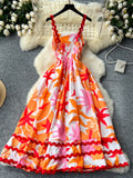 Vibrant Floral Print Ruffle Straps Summer Dress