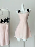 Black Bow Straps Charming Pink Mini Dress