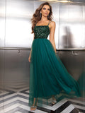 Celestial Gleam Green Sequined Tulle Gown Dress