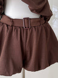 Halter Brown Romper Puff Belt Shorts