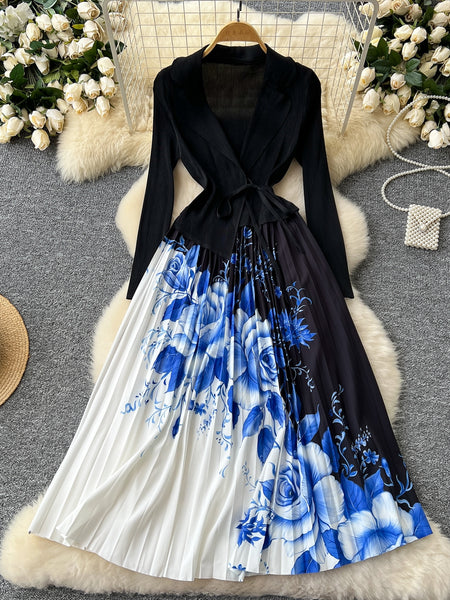 Black Wrap Top Blue Floral Pleated Skirt Ensemble