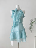 Chic Light Blue Halter Neck Ruffled Mini Dress