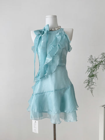Chic Light Blue Halter Neck Ruffled Mini Dress