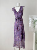Floral Print Ruffled Purple Midi Dress