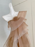 Nude Rose Ruffled Layers Off Shoulder Tulle Mini Dress