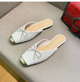 Semi-Slippers Rhinestone Sandals Bowknot Shoes Flat Mules
