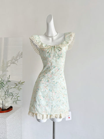 Lace Dainty Light Green Floral Mini Dress