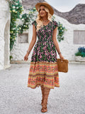 Multifaceted Floral and Green Patterned Dress