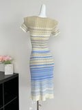 Blue & Beige Chevron Knitted Short Sleeve Bodycon Midi Dress