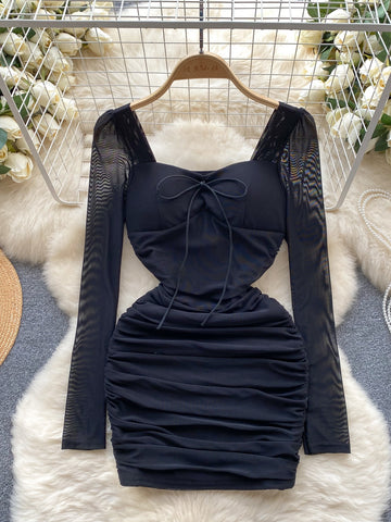 Black Mesh Sleeve Ruched Bodycon Dress