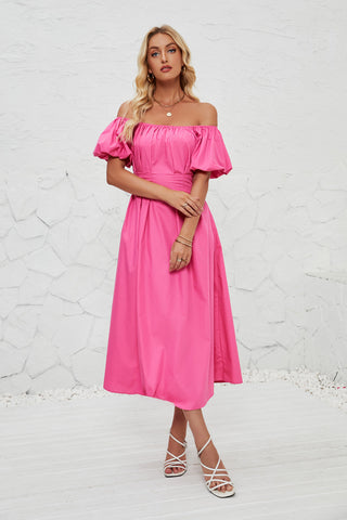 Pink Ruffled Off-Shoulder Midi Dress