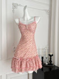 Ruffled Hem Cardigan Pink Floral Print Spaghetti Strap Mini Dress