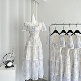 Blue Tiered Sash Ruffles Floral Print Dress